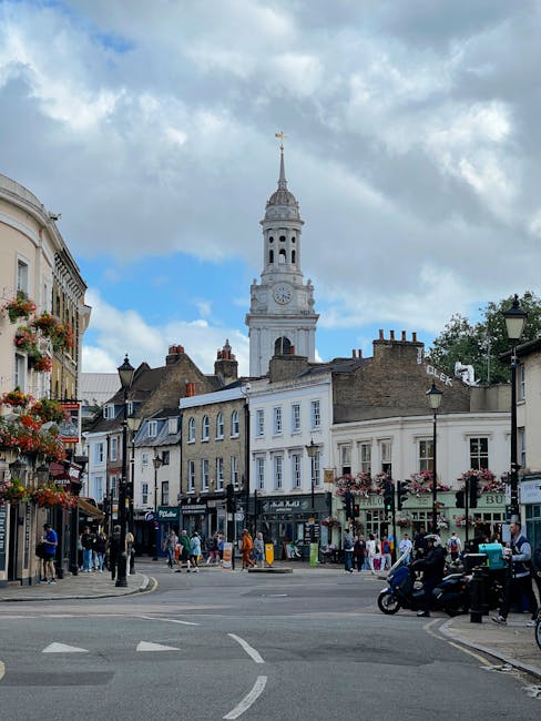 A wide view of a residential street in West Hampstead showing white Victorian-style terraced houses with ornate architectural details, large trees lining the pavement, and a row of parked cars including a white van positioned for loading or unloading. The street is busy with traffic lights, and pedestrians are seen waiting at the curb. Overcast sky and diffused daylight illuminate the scene, suggesting a typical day involving home relocation activities. The image captures the ideal environment where professional removals, such as those offered by Man with Van West Hampstead, would facilitate furniture transport and packing during a house move, with visible equipment like vans and street furniture supporting the logistics process.