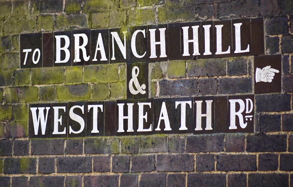 Close-up view of a wall-mounted street sign displaying the names 'to BRANCH HILL' and '& WEST HEATH R D' in large white letters on black background plaques, arranged on a moss- and weather-stained brick wall in West Hampstead. To the right of the sign, a small white and black ceramic or plastic hand pointing to the right is visible. The scene appears to be outdoors, with natural lighting highlighting the textured surface of the bricks and signs. This image is relevant in the context of house removals and moving services, such as those provided by Man with Van West Hampstead, illustrating the typical street environment where home relocation or furniture transport services may take place.